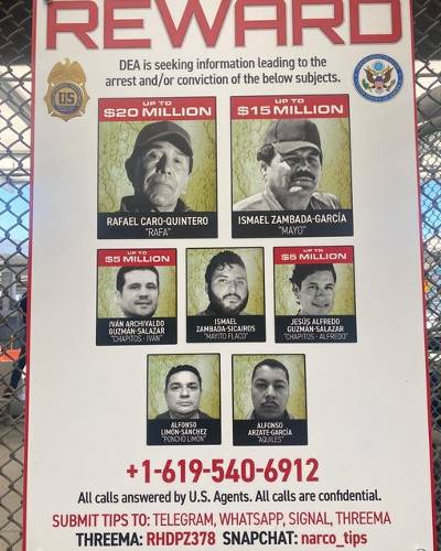 Ofrece DEA más de 45 millones de dólares por integrantes del cartel de Sinaloa